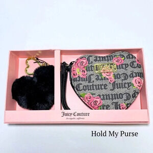 Juicy Couture Black Blossoms Heart Wristlet & Pom Pom Keychain Charm Gift Set